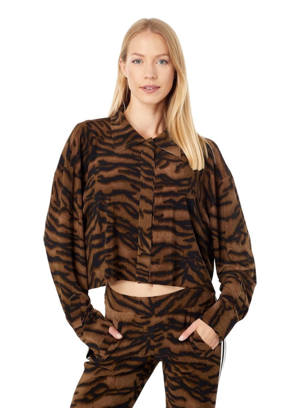 Norma Kamali Cropped Oversized Boyfriend NK Shirt Brown Tiger Size Medium